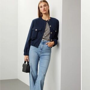 Maje Bimarine Tweed Jacket Navy Blue Silver Buttons size 36 US 4